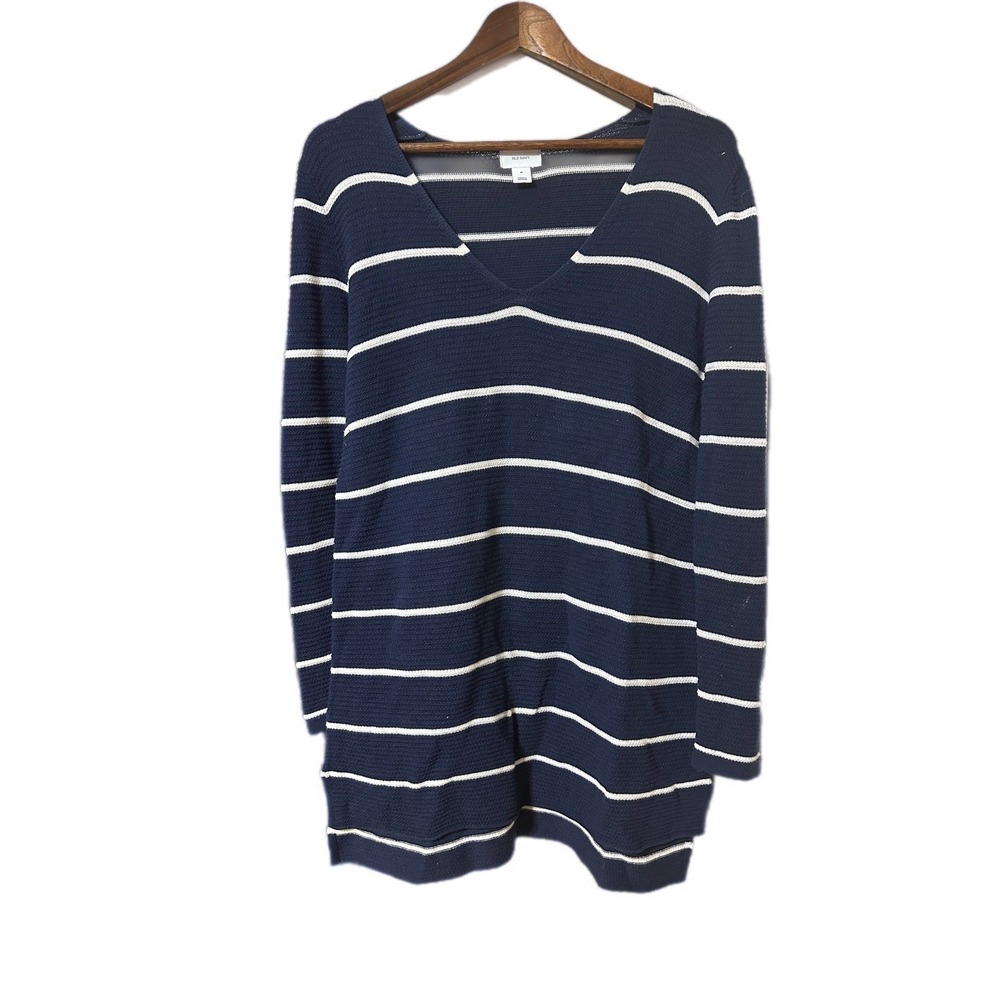 Old Navy Striped V Neck Sweater Dress Women's Size Medium Navy White Long Sleeve